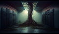 Abandoned server room and dark corridor with old roots and tree. Generative AI Royalty Free Stock Photo