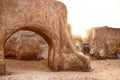 Abandoned set for the filming of Star Wars movie in the Sahara Desert against the backdrop of sand dunes. Royalty Free Stock Photo