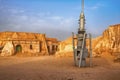 Abandoned set for the filming of Star Wars movie in the Sahara Desert against the backdrop of sand dunes. Royalty Free Stock Photo