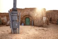 Abandoned set for the filming of Star Wars movie in the Sahara Desert against the backdrop of sand dunes. Royalty Free Stock Photo