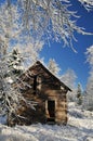 Abandoned shack in farmland with winter snow Royalty Free Stock Photo