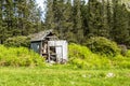 Abandoned shed in the Scottish Highlands with a broken rusted bike outside