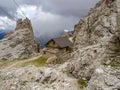 Abandoned shelter in tofane dolomites mountains panorama