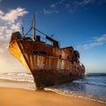 abandoned ship, rusted and shored, AI generated Royalty Free Stock Photo