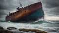 Abandoned ship wreck in stormy weather