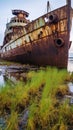Abandoned Shipwreck: A Decaying and Rusting Metal Structure Partially Submerged in Water. Generative AI Royalty Free Stock Photo