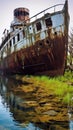 Abandoned Shipwreck: A Decaying and Rusting Metal Structure Partially Submerged in Water. Generative AI Royalty Free Stock Photo