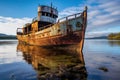 Abandoned Shipwreck: A Decaying and Rusting Metal Structure Partially Submerged in Water. Generative AI Royalty Free Stock Photo