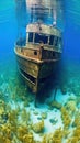 Abandoned Shipwreck: A Decaying and Rusting Metal Structure Submerged in Water. Generative AI Royalty Free Stock Photo