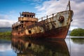 Abandoned Shipwreck: A Decaying and Rusting Metal Structure Submerged in Water. Generative AI Royalty Free Stock Photo