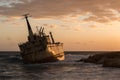 Abandoned shipwreck Edro at sunset near Paphos, Cyprus