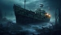 Abandoned shipwreck in fog, mystery surrounds the dark night generated by AI