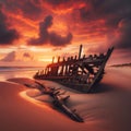 Abandoned shipwreck sits on sun-bathed beach Royalty Free Stock Photo