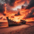 Abandoned shipwreck sits on sun-bathed beach Royalty Free Stock Photo