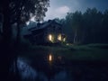 Abandoned small residental house in forest. Old wooden building cottage. Generative AI Royalty Free Stock Photo