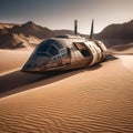 An abandoned spaceship buried in the desert sands, its hull battered and worn2