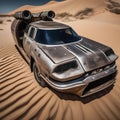 An abandoned spaceship buried in the desert sands, its hull battered and worn1