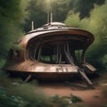 An abandoned spaceship on a distant planet, with rusted metal and overgrown vegetation, hinting at a mysterious past5