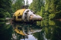 abandoned spaceship half-submerged in lake