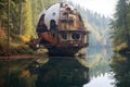 abandoned spaceship near a serene lake