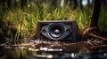 Abandoned Speaker In Muddy Water: Nostalgic Forestpunk Synthetism Royalty Free Stock Photo