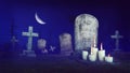 Abandoned spooky cemetery at moon night