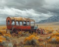 Abandoned Stagecoach on a Deserted Western Plain The coach blurs with the sagebrush