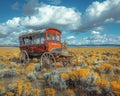 Abandoned Stagecoach on a Deserted Western Plain The coach blurs with the sagebrush