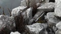 Abandoned Flooded Mining Quarry, Extractive industry, Piles Of Stones Gloomy Winter Day 8