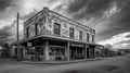 Abandoned storefront in an old town under dramatic cloudy skies Royalty Free Stock Photo