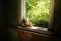 Abandoned stuffed toy in a village house window - Zalissya Village, Chernobyl Exclusion Zone, Ukraine Royalty Free Stock Photo