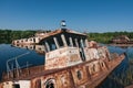 Abandoned sunken Barges Boats On River Pripyat in Chernobyl exclusion Zone. Chernobyl Nuclear Power Plant Zone of Alienation in Royalty Free Stock Photo