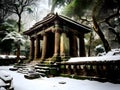 abandoned temple in winter forest, Ai generated