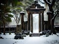 abandoned temple in winter forest, Ai generated