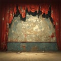 Abandoned theater scene torn, faded red curtain, crumbling wall