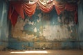 Abandoned theater scene torn, faded red curtain, crumbling wall