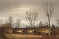 Abandoned tourist cabins in field with bare trees