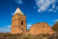 Abandoned tower and ruined wall. Ruins of Saburovo fortress in Orel region