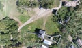 Abandoned tower of the ruins of St Benedek castle in transylvania, Romania. Aerial view Royalty Free Stock Photo