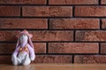 Abandoned toy bunny on table Royalty Free Stock Photo