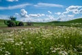 Abandoned tractor and farming equipment in an open field near a large tree in The Palouse region of Eastern Washington State. Royalty Free Stock Photo