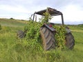 Abandoned tractor in field with vegetation rooted in its structure
