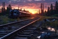abandoned train derailment site at sunset Royalty Free Stock Photo