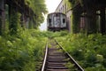 abandoned train platform overgrown with weeds Royalty Free Stock Photo