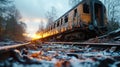 Abandoned train on the railroad at sunset. Railway station