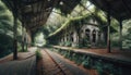 An abandoned train station consumed by overgrown vegetation