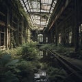 An abandoned train station that is overgrown with plants