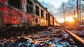 Abandoned train station at sunset. Old rusty train