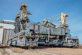 Abandoned transport and installation unit `Grasshopper` for spaceship Buran and Energy launch vehicle at cosmodrome Baikonur