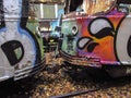 Abandoned trolley cars head on